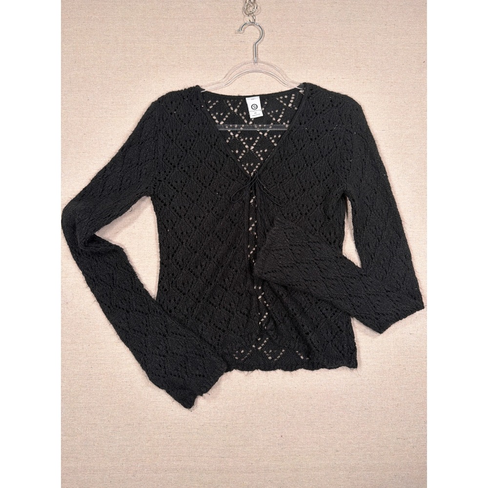 Ellemenno Black Crochet Knit Tie Front Cardigan Pointelle V-Neck Sweater XL